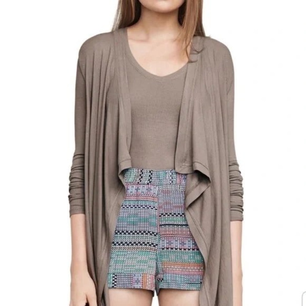 BCBGMAXAZRIA Angela Draped Open Front Cardigan Hazelnut Brown Ribbed  M